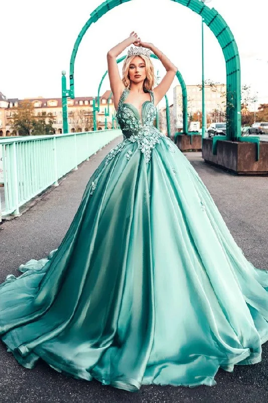 Stunning Halter Mint Green Satin Aline Evening Party Dress with 3D Floral Appliques Glittery Long Formal Stunning Halter Mint Green Satin Aline Evening Party Dress with 3D Floral Appliques Glittery Long Formal