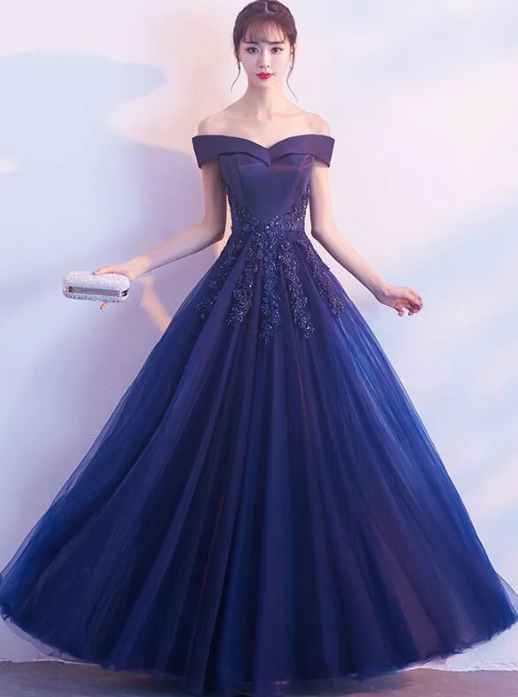 Elegant Navy Blue Off Shoulder A-line Prom Dress, New Party Dress Tunics Cozy soft