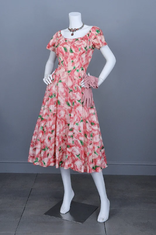 1950s Pink Retro Rose Print Silk Vintage Party Dress Tunics Sophisticated sleek