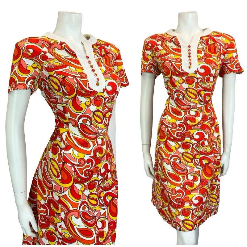 VTG 60S MOD SCOOTER GOGO WHITE RED YELLOW PSYCHEDELIC WIGGLE DRESS M 12 14 Tunics Custom made