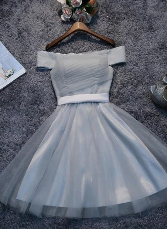 Grey Tulle Homecoming Dresses, Off Shoulder Short Party Dress, Knee Length Formal Dress Tunics Hiking breathable Grey Tulle Homecoming Dresses, Off Shoulder Short Party Dress, Knee Length Formal Dress Tunics Hiking breathable