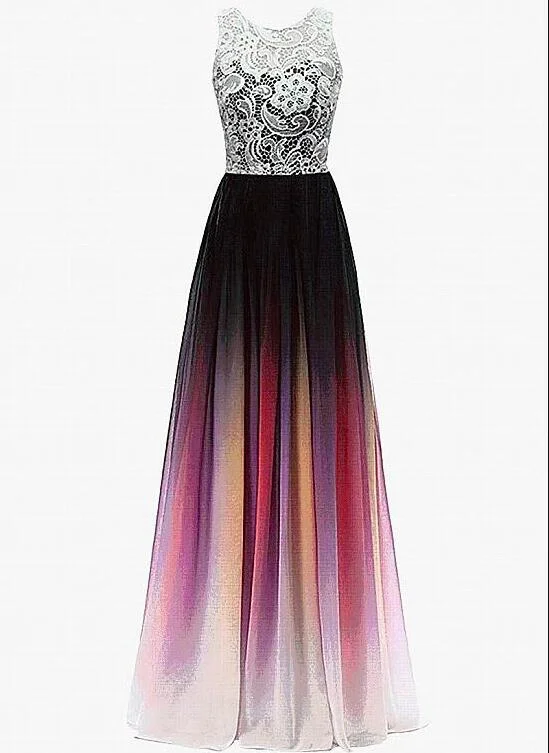 Beautiful Chiffon and Lace Long A-line Gradient Party Dress, Prom Dress Glittery Long Formal Beautiful Chiffon and Lace Long A-line Gradient Party Dress, Prom Dress Glittery Long Formal