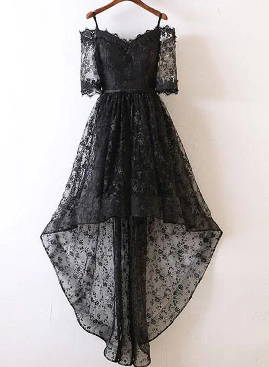 Stylish Off-Shoulder Black Lace High Low Prom Dress , Black Evening Party Dress Tunics Timeless classic Stylish Off-Shoulder Black Lace High Low Prom Dress , Black Evening Party Dress Tunics Timeless classic