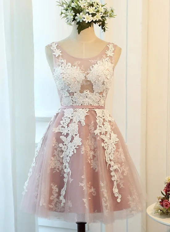Dark Pink Tulle Round Neckline Short Party Dress with Applique, Lovely Homecoming Dress Tunics Plaid country