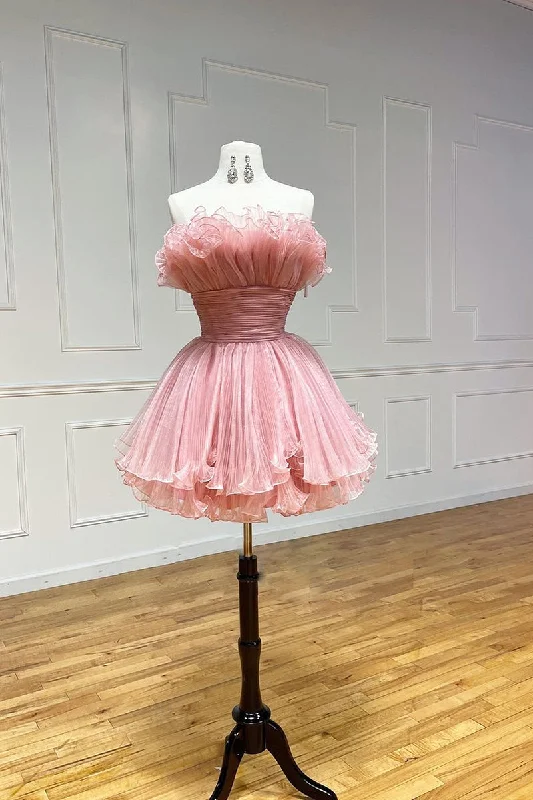 A Line Strapless Tulle Ruffles Pink Short Homecoming Dress QH2518 Tunics Office stylish A Line Strapless Tulle Ruffles Pink Short Homecoming Dress QH2518 Tunics Office stylish