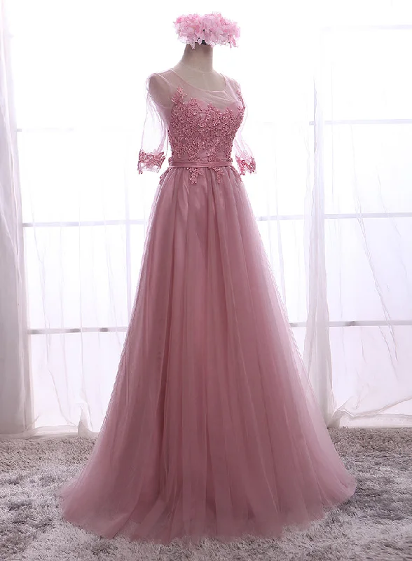 Lovely Dark Pink 1/2 Sleeves Tulle Bridesmaid Dress, Wedding Party Dress Pleated Skirt Elegant Lovely Dark Pink 1/2 Sleeves Tulle Bridesmaid Dress, Wedding Party Dress Pleated Skirt Elegant