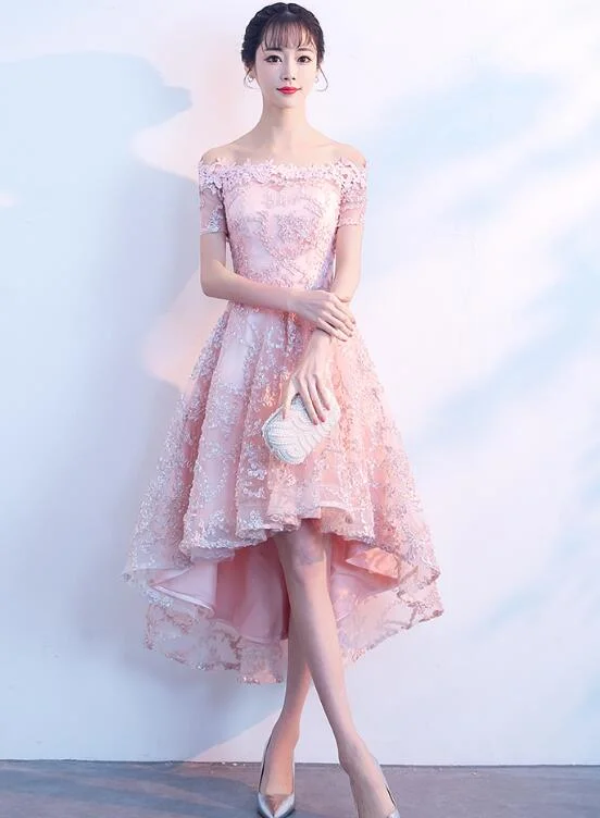 Light Pink Lace Off Shoulder High Low Party Dress, Pink Homecoming Dresses Tunics Silk luxurious