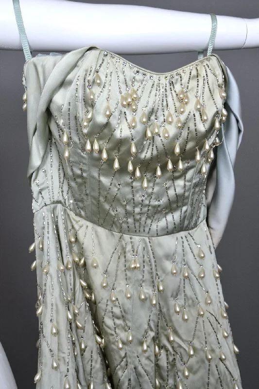 1950s Ceil Chapman Pearl Drops Rhinestones Vintage Party Dress Tunics Trendy modern