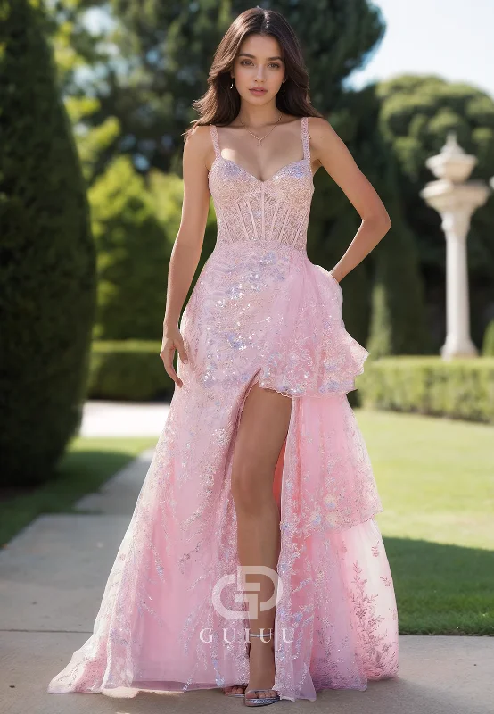 Blushing Pink Spaghetti Straps Prom Dress with Slit Appliques Evening Party Dress Tunics Running lightweight Blushing Pink Spaghetti Straps Prom Dress with Slit Appliques Evening Party Dress Tunics Running lightweight