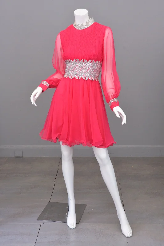 1960s Hot Pink Chiffon Party Dress with Silver Lamé Waistline | Disco Dress Tunics Favorite customer 1960s Hot Pink Chiffon Party Dress with Silver Lamé Waistline | Disco Dress Tunics Favorite customer