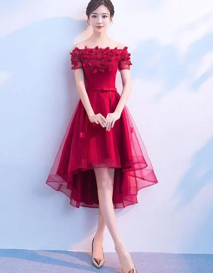 Beautiful Red High Low Off Shoulder Party Dress, Red Homecoming Dresses Tunics Print Colorful