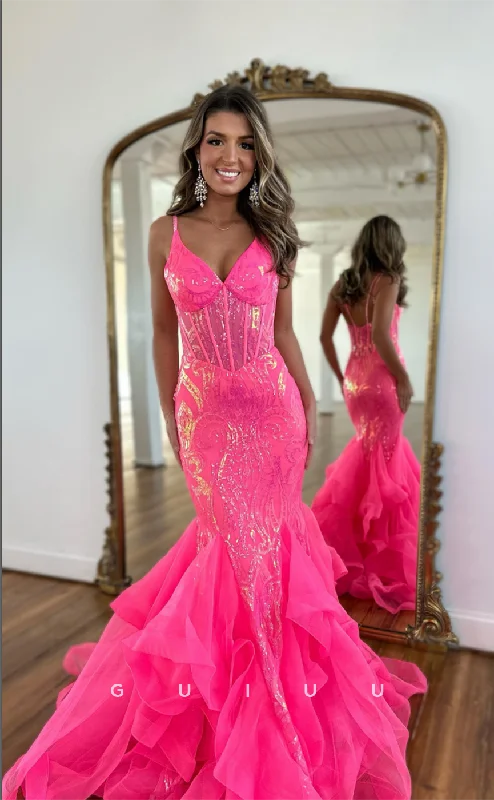 G4405 - Chic & Sexy Mermaid V Neck Straps Sequins Open Back Long Sweep Prom Party Dress Tunics Stylish elegant