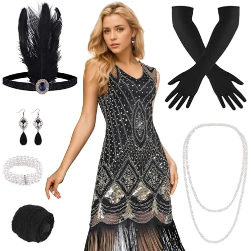 PLULON 1920s Dresses for Women, Sequin Fringed Gatsby Flapper Cocktail Dresses 1920s with 20s Accessories Set, Roaring 20s Costumes Tunics stripes playful PLULON 1920s Dresses for Women, Sequin Fringed Gatsby Flapper Cocktail Dresses 1920s with 20s Accessories Set, Roaring 20s Costumes Tunics stripes playful