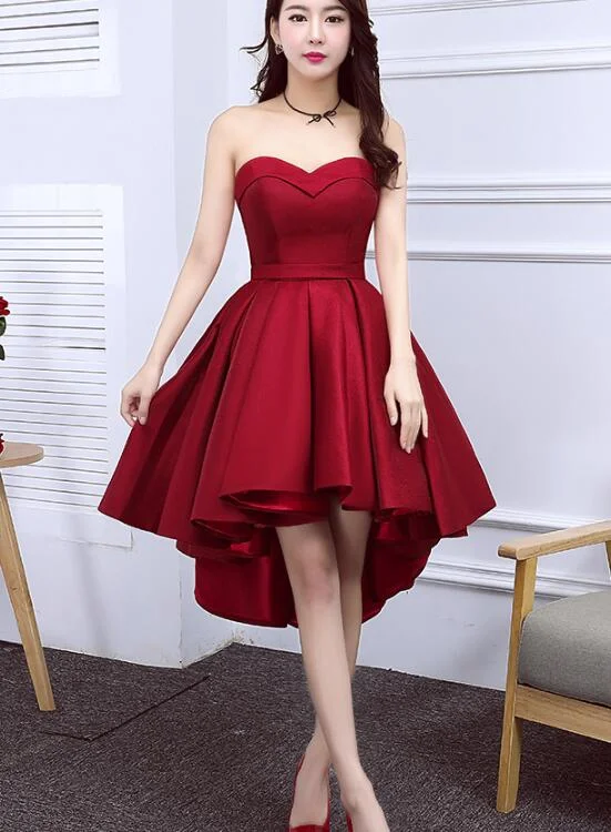 Wine Red Satin Cute High Low Homecoming Dresses, Sweetheart Party Dresses Tunics Office stylish Wine Red Satin Cute High Low Homecoming Dresses, Sweetheart Party Dresses Tunics Office stylish
