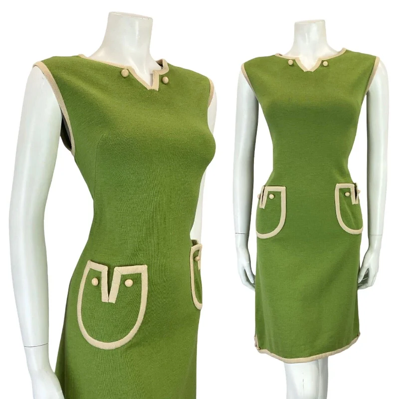 VTG 60S 70S SAGE GREEN CREAM MOD SHEATH SHIFT MINI JUMPER DRESS W/ POCKETS 10 Off-the-shoulder Chic Trendy VTG 60S 70S SAGE GREEN CREAM MOD SHEATH SHIFT MINI JUMPER DRESS W/ POCKETS 10 Off-the-shoulder Chic Trendy