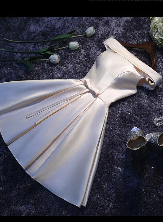 Charming Off Shoulder Satin Ivory Short Party Dress, Bridesmaid Dresses, Cute Knee Length Dresses Tunics Brand named Charming Off Shoulder Satin Ivory Short Party Dress, Bridesmaid Dresses, Cute Knee Length Dresses Tunics Brand named