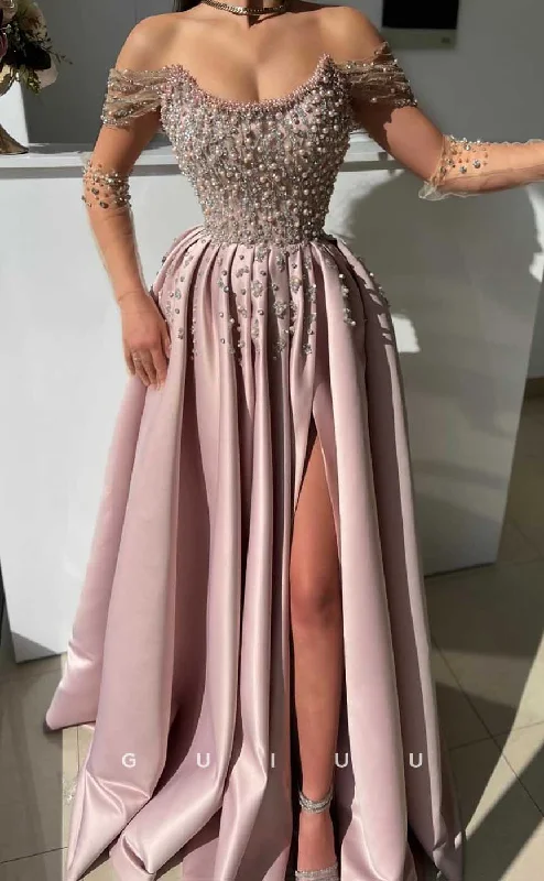 G4540 - Chic & Modern A-Line Off-Shoulder Pearls and Crystals Stain Prom Party Dress Mermaid Tail Wedding G4540 - Chic & Modern A-Line Off-Shoulder Pearls and Crystals Stain Prom Party Dress Mermaid Tail Wedding