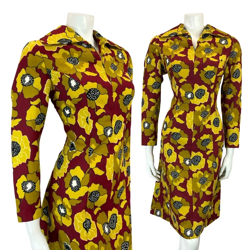 VTG 60S RED YELLOW OPEN ROUNDED WING COLLAR FLORAL SHIRT SHEATH DRESS 12 Tunics Sophisticated sleek VTG 60S RED YELLOW OPEN ROUNDED WING COLLAR FLORAL SHIRT SHEATH DRESS 12 Tunics Sophisticated sleek