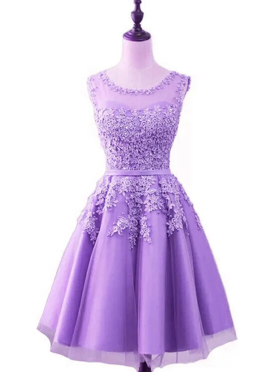 Purple Short Tulle Beaded Round Neckline Knee Length Party Dress, Junior Prom Dress Sequined Elegant Party Purple Short Tulle Beaded Round Neckline Knee Length Party Dress, Junior Prom Dress Sequined Elegant Party