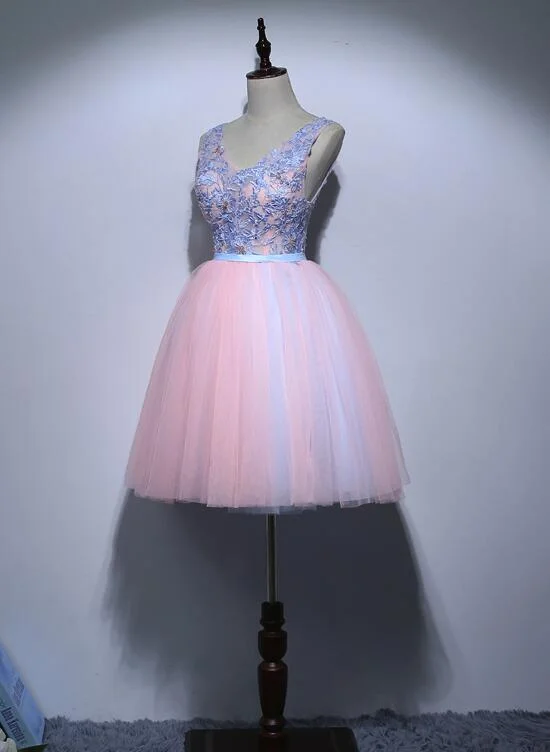 Tulle Cute Pink and Blue V-neckline Party Dresses, Homecoming Dresses Tunics Spring floral Tulle Cute Pink and Blue V-neckline Party Dresses, Homecoming Dresses Tunics Spring floral