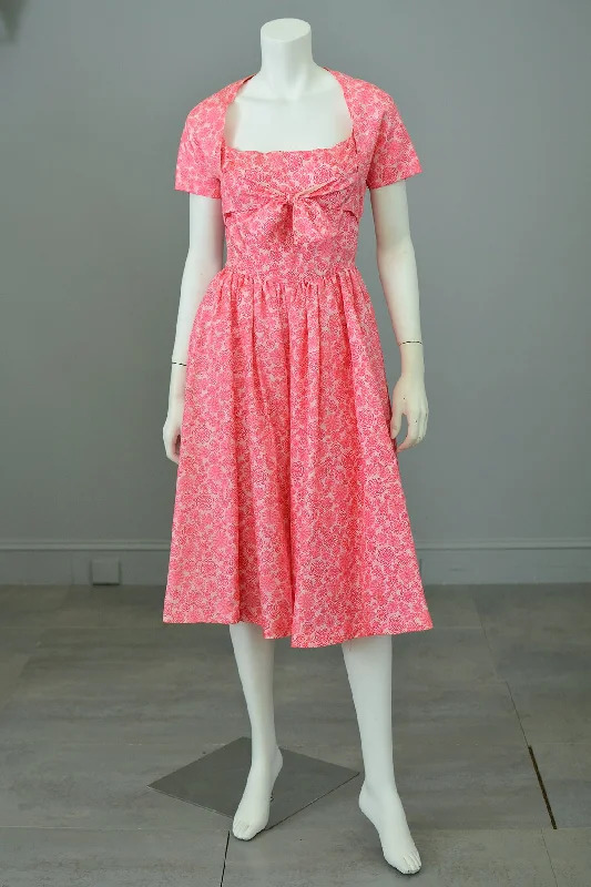 1950s Barbie Hot Pink Pinwheels Print Fit and Flare Party Dress with Attached Tie Front Shrug Tunics Handmade artisanal 1950s Barbie Hot Pink Pinwheels Print Fit and Flare Party Dress with Attached Tie Front Shrug Tunics Handmade artisanal