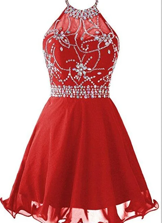 Red Halter Beaded Chiffon Short Homecoming Dresses , Red Party Dress, Red Prom Dresses Satin Halter Glamorous Red Halter Beaded Chiffon Short Homecoming Dresses , Red Party Dress, Red Prom Dresses Satin Halter Glamorous