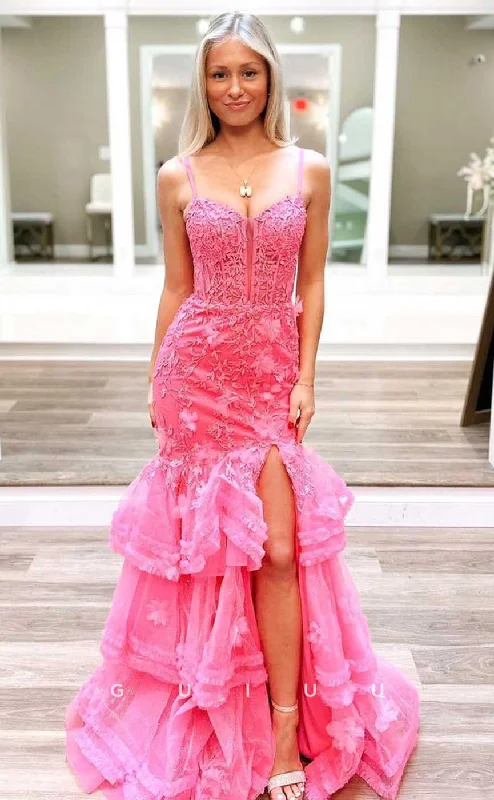 G4462 - Sexy & Cute Mermaid Column Strapless Sleeveless Eyelets Tulle Tiered Floor-Length Prom Party Dress with Slit Tunics Short Trendy G4462 - Sexy & Cute Mermaid Column Strapless Sleeveless Eyelets Tulle Tiered Floor-Length Prom Party Dress with Slit Tunics Short Trendy