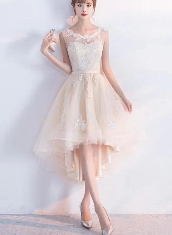 Champagne Lace Round Neckline High Low Tulle Formal Dress, Cute Party Dresses Tunics Designer luxury Champagne Lace Round Neckline High Low Tulle Formal Dress, Cute Party Dresses Tunics Designer luxury
