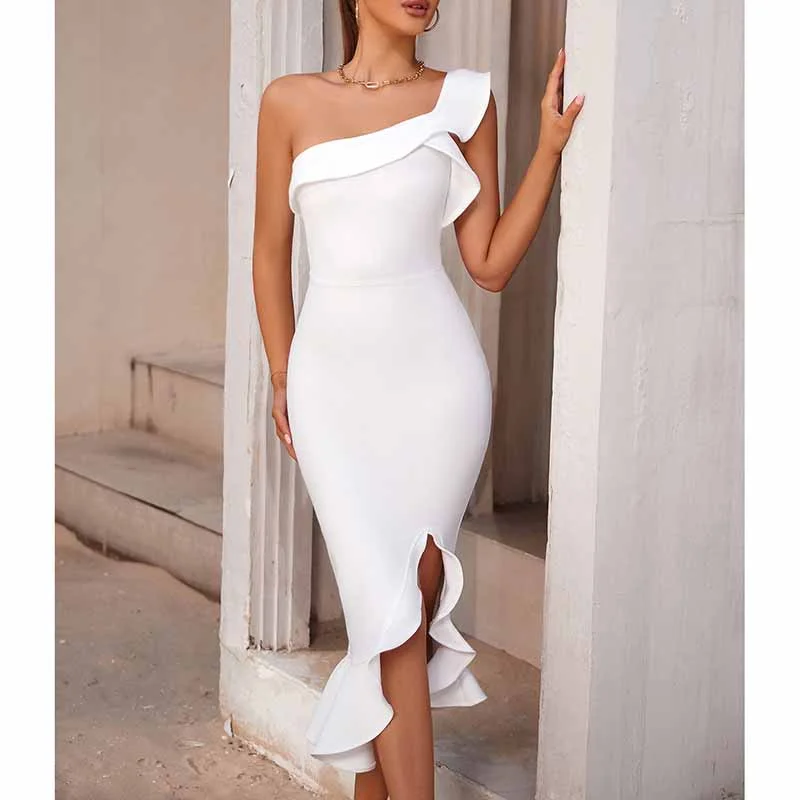 Women White Sheath Dress One Shoulder Scallop Party Dress Body-con Dress Tunics Satin smooth Women White Sheath Dress One Shoulder Scallop Party Dress Body-con Dress Tunics Satin smooth