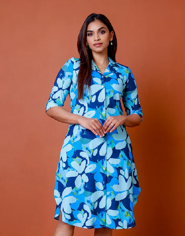 Printed Folder Sleeve Dress with Buttons Tunics Essential wardrobe