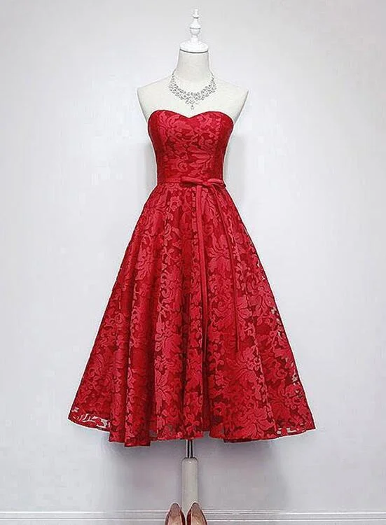 Charming Red Lace Tea Length Wedding Party Dress, Red Lace Dress, Formal Dress Tunics Versatile functional Charming Red Lace Tea Length Wedding Party Dress, Red Lace Dress, Formal Dress Tunics Versatile functional