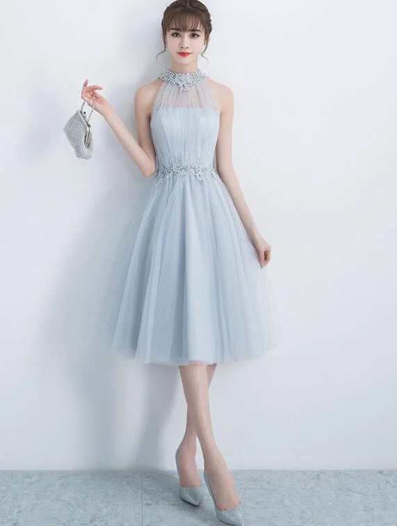Beautiful Light Grey Halter Tulle Knee Length Party Dress , Charming Formal Dress Tunics Distressed trendy