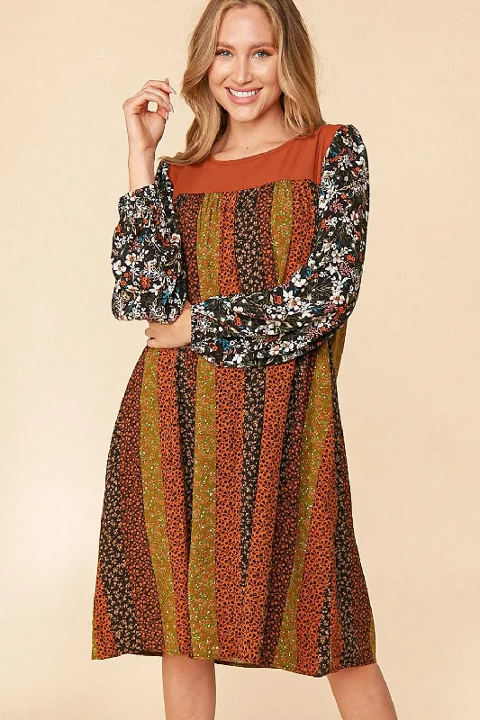 PLUS STRIPE FLORAL COLOR BLOCK BUBBLE SLEEVE DRESS Tunics Gym athletic