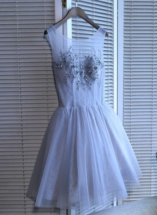 Light Grey Tulle Round Neckline Short Party Dresses, Grey Homecoming Dresses Tunics New arrival Light Grey Tulle Round Neckline Short Party Dresses, Grey Homecoming Dresses Tunics New arrival
