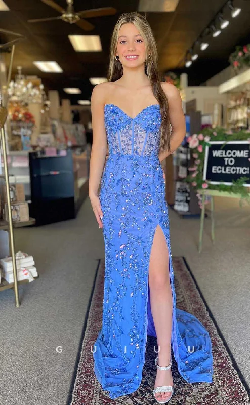 G4521 - Chic & Modern Strapless Sleeveless Appliques Lace-Up Mermaid Prom Party Dress with Slit Crew Neckline Sporty G4521 - Chic & Modern Strapless Sleeveless Appliques Lace-Up Mermaid Prom Party Dress with Slit Crew Neckline Sporty