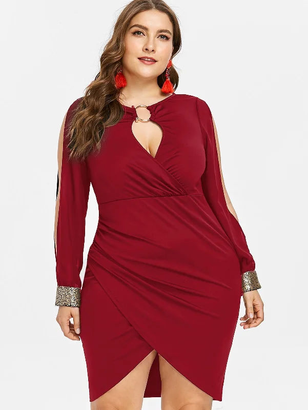 Plus Size Dress Women Keyhole Neck Sequined Slit Bodycon Dress Spring Autumn Party Dresses OL Club Dresses Vestidos 5XL Tunics Cozy soft
