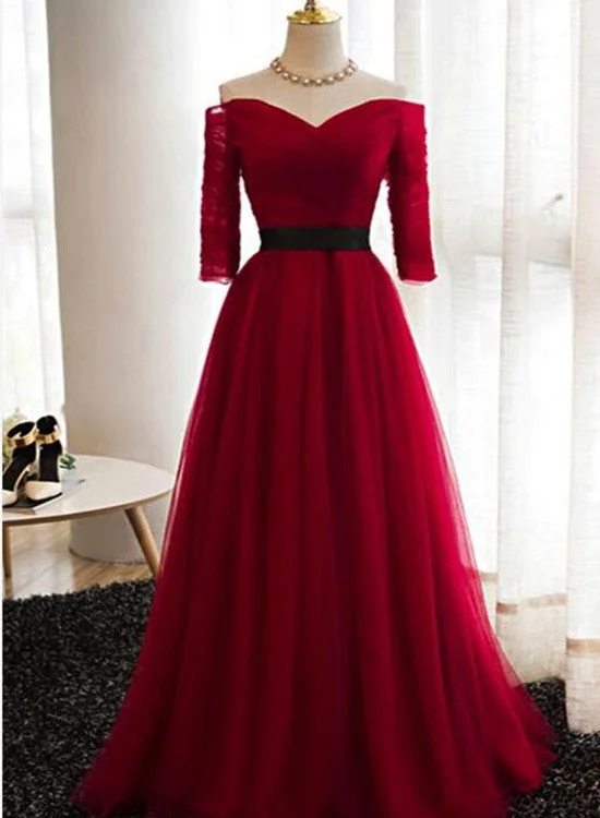 Dark Red Tulle Off Shoulder Floor Length Wedding Party Dress, Elegant Junior Prom Dress High-Low Hemline Casual Dark Red Tulle Off Shoulder Floor Length Wedding Party Dress, Elegant Junior Prom Dress High-Low Hemline Casual