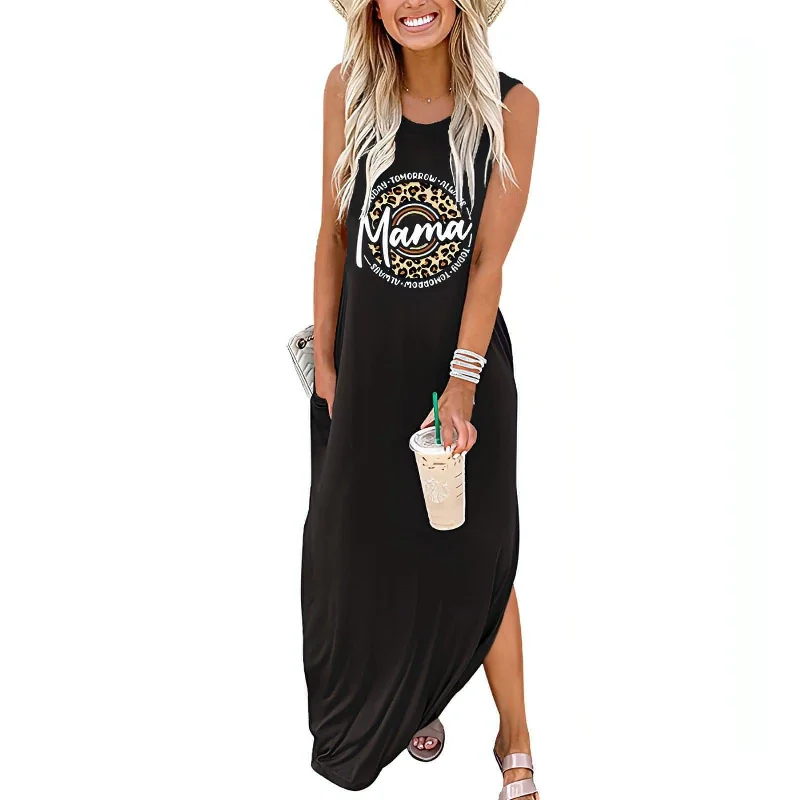 Women's Alphabet Print Casual Sleeveless Long Dress Tunics Travel practical
