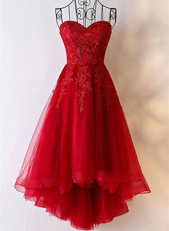 Red Sweetheart High Low Tulle and Lace Party Dress , Cute Formal Gowns Tunics Fleece cozy