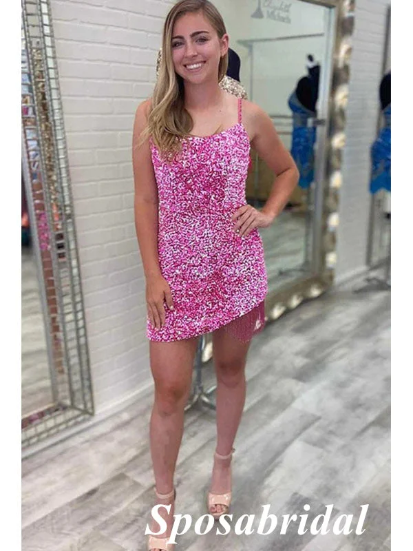 Sarkly Pink Sequin Spaghetti Straps Square Sheath Mini Dresses/ Homecoming Dresses, PD3541 Elegant Sequin Mini Dress