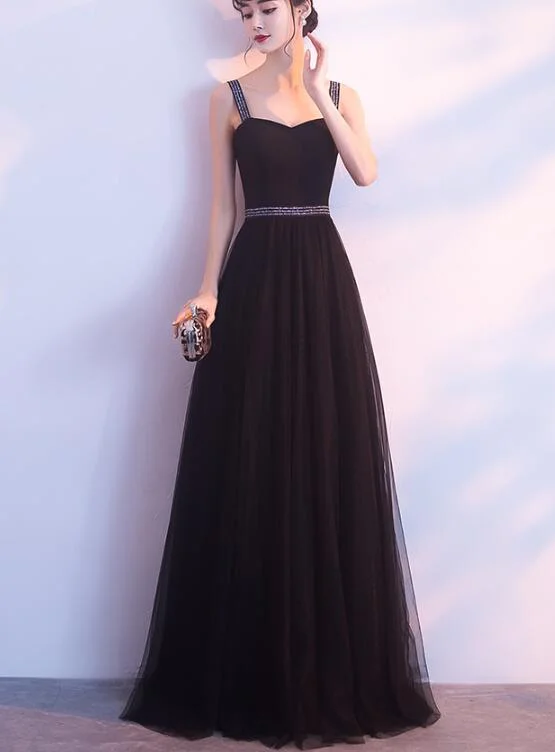 Charming Black Straps Long Tulle Party Dress, Handmade Formal Dress Off-the-shoulder Chic Trendy