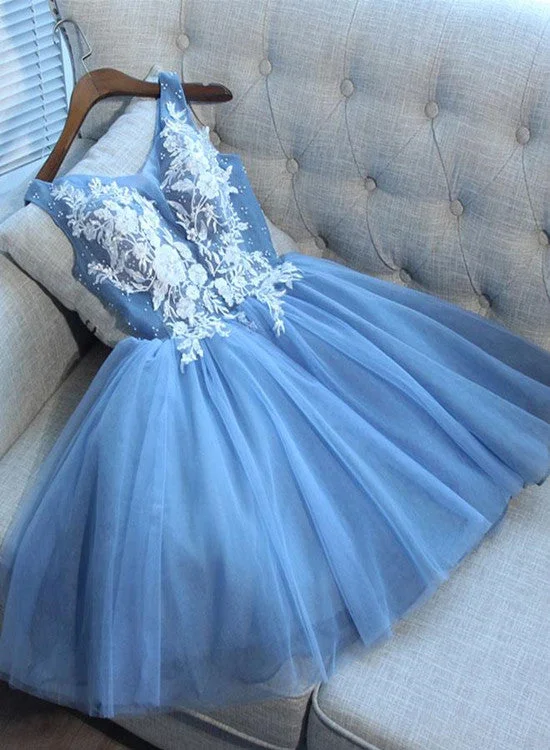 Blue Tulle Lace Applique with Beadings Homecoming Dresses, Blue Party Dresses Tunics Business professional Blue Tulle Lace Applique with Beadings Homecoming Dresses, Blue Party Dresses Tunics Business professional