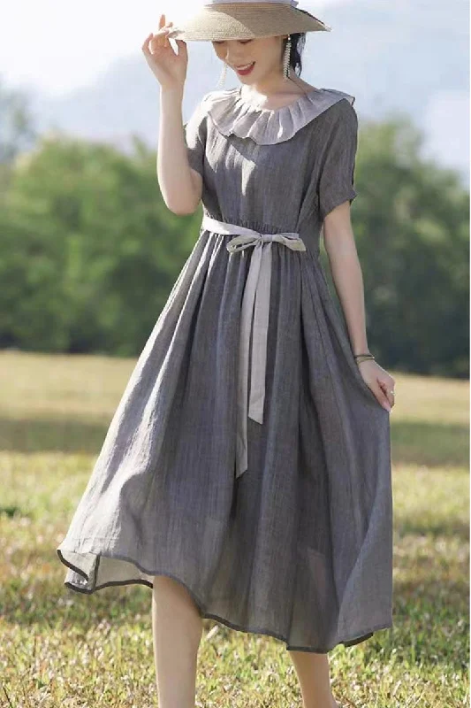 gray midi linen dress for summer 4323 Tunics Versatile functional