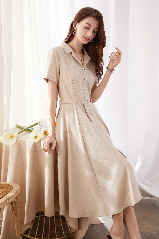 Summer Short Sleeve Waist Dress In Beige  3375# Tunics Stylish elegant