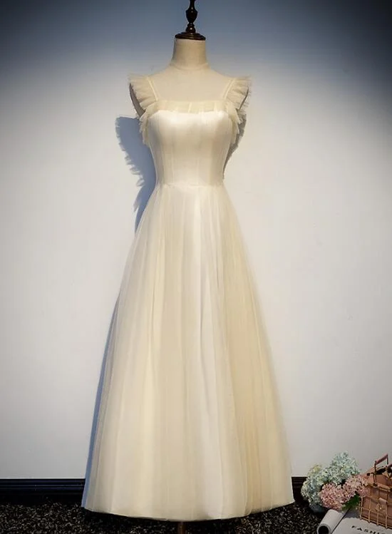 Lovely Tulle Champagne Long Party Dress, Beautiful Tulle Prom Dress empire Waist empire