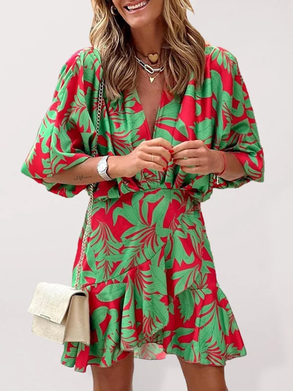 Women's Printed Deep V Puff Sleeves Elegant Lotus Leaf Dress Tunics Canvas sturdy