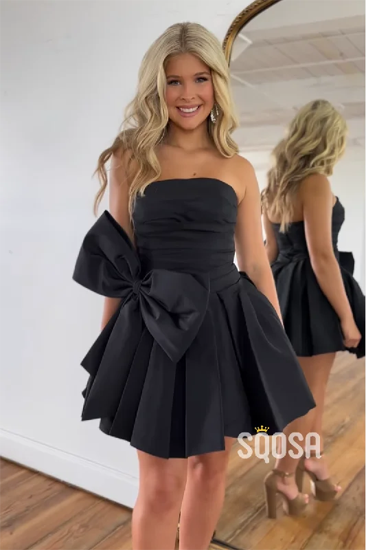 A-Line Strapless Satin Bowknot Black Short Homecoming Dress Cheap QH2415 Pencil Office Professional