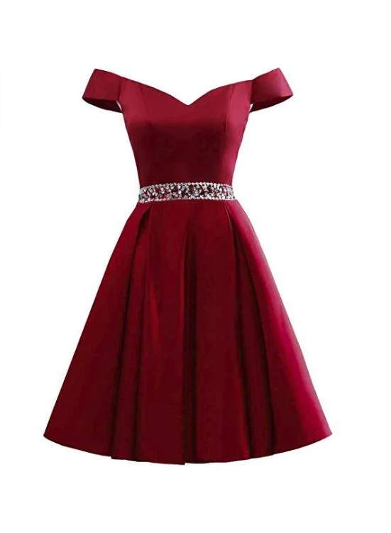 Wine Red Off Shoulder Satin Homecoming Dress, Cute Party Dress, Dark Red Homecoming Dress 2018 Tunics Yoga stretchy Wine Red Off Shoulder Satin Homecoming Dress, Cute Party Dress, Dark Red Homecoming Dress 2018 Tunics Yoga stretchy
