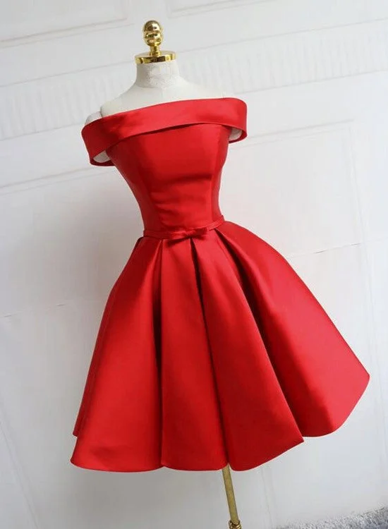 Red Satin Pretty Off Shoulder Knee Length Party Dress , Pretty Party Dress Tunics Ceremony elegant Red Satin Pretty Off Shoulder Knee Length Party Dress , Pretty Party Dress Tunics Ceremony elegant