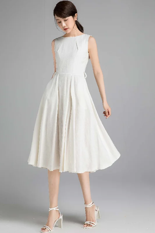 50s sleeveless swing little white dress 2348# Crew Neckline Casual